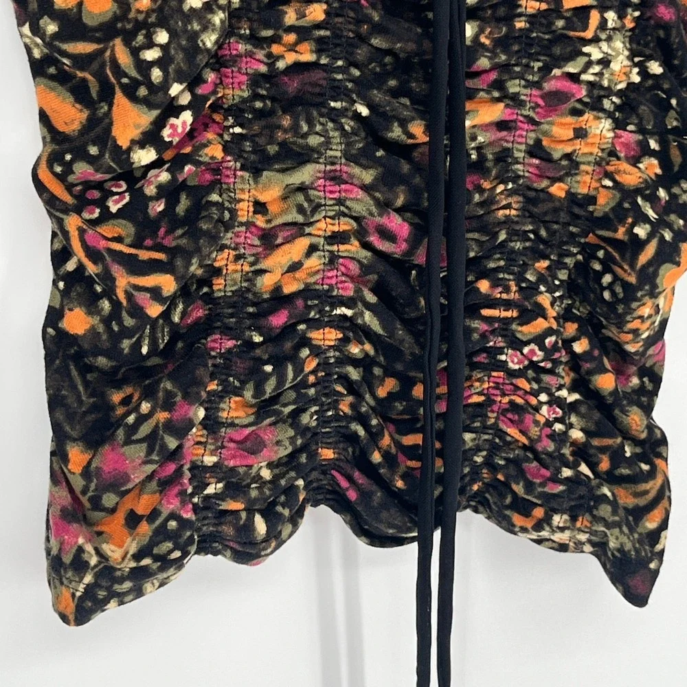 Free People Floral Ruched‎ Crop Top XS Black Long Sleeve Boho Coquette